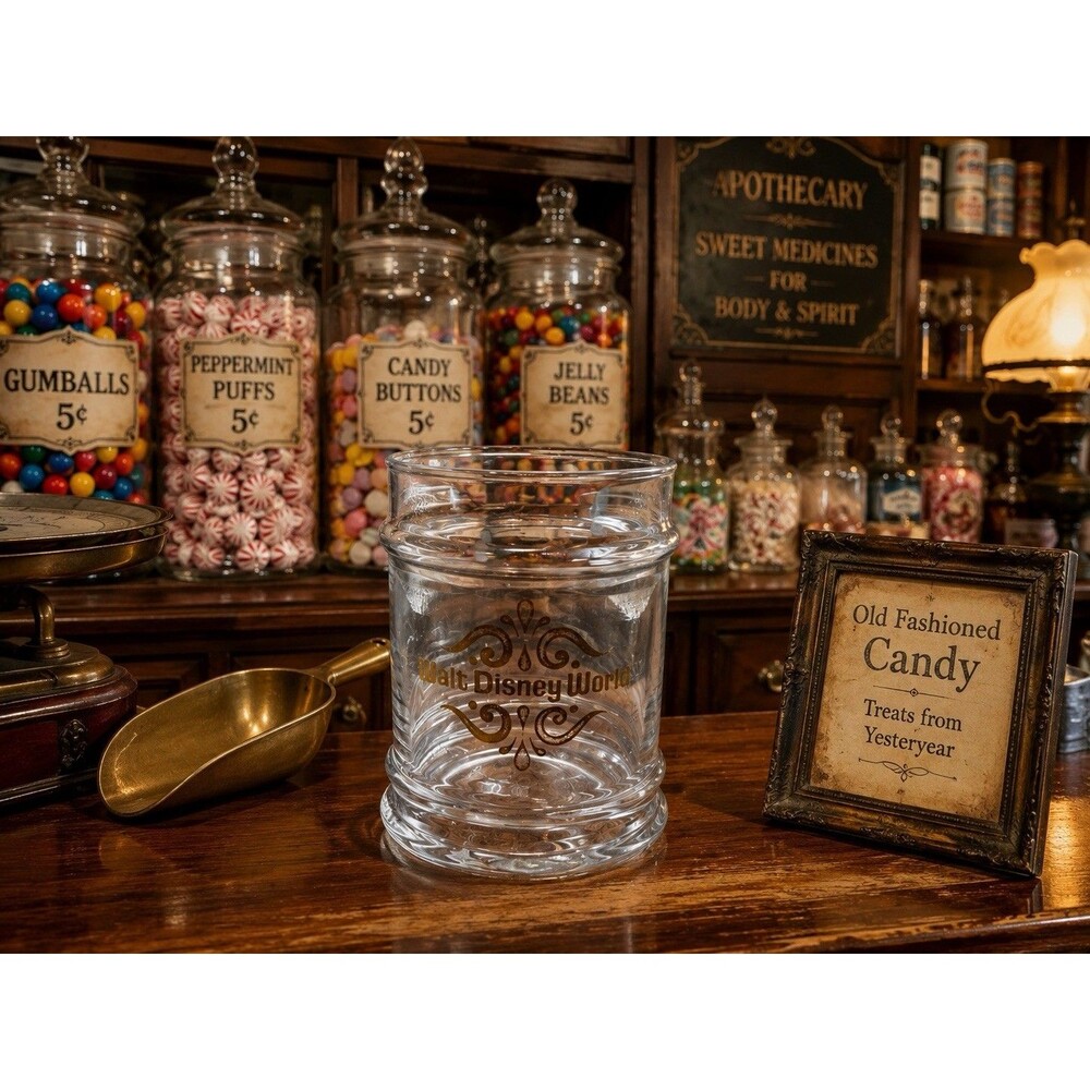 Walt Disney World Apothecary Candy Glass Jar Gold Logo USA No Lid Collectible